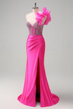 Fuchsia Mermaid One Shoulder Removable Ruffles Long Prom Dress with Slit