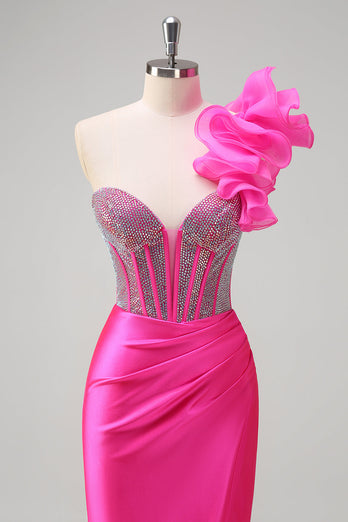 Fuchsia Mermaid One Shoulder Removable Ruffles Long Prom Dress with Slit