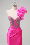 Fuchsia Mermaid One Shoulder Removable Ruffles Long Prom Dress with Slit