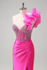 Load image into Gallery viewer, Fuchsia Mermaid One Shoulder Removable Ruffles Long Prom Dress with Slit