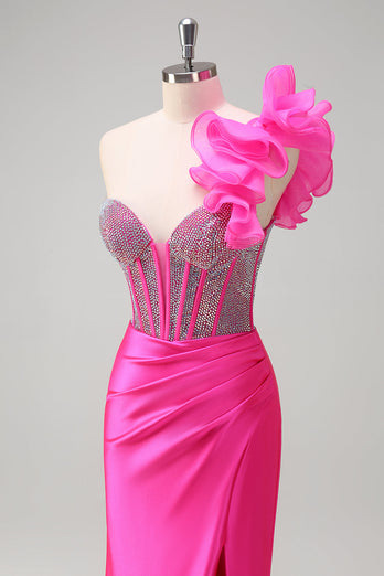 Fuchsia Mermaid One Shoulder Removable Ruffles Long Prom Dress with Slit