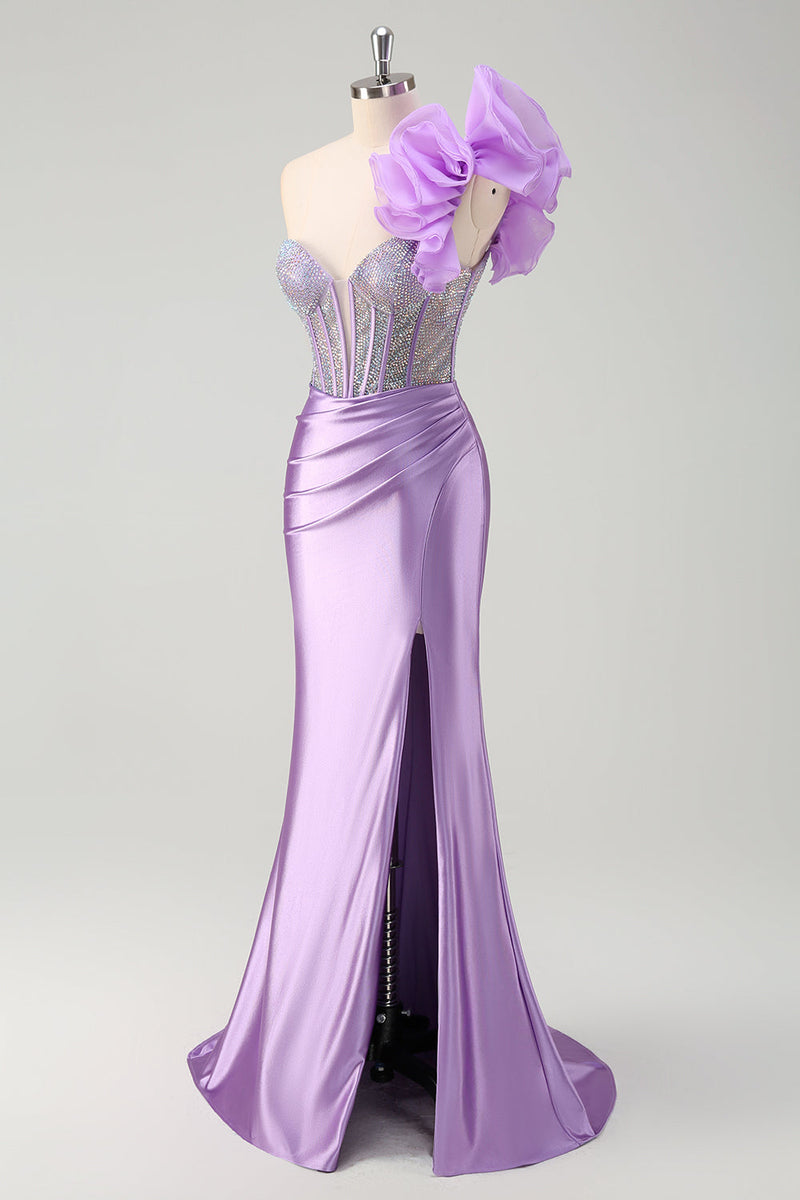 Load image into Gallery viewer, Sparkly Lilac Mermaid Beaded Corset One Shoulder Long Prom Dress with Slit