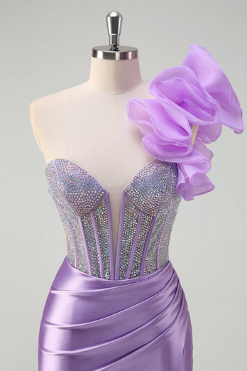 Sparkly Lilac Mermaid Beaded Corset One Shoulder Long Prom Dress with Slit