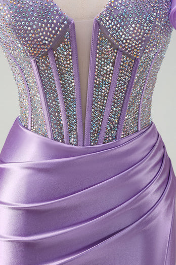 Sparkly Lilac Mermaid Beaded Corset One Shoulder Long Prom Dress with Slit