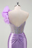 Load image into Gallery viewer, Sparkly Lilac Mermaid Beaded Corset One Shoulder Long Prom Dress with Slit