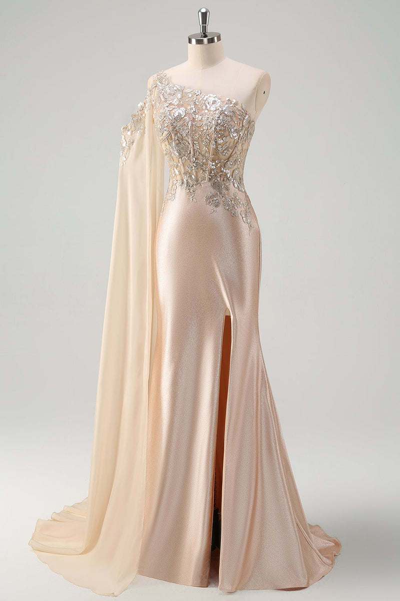 Load image into Gallery viewer, Sparkly Champagne Mermaid One Shoulder Sequin Long Prom Dress with Slit