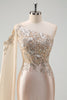 Load image into Gallery viewer, Sparkly Champagne Mermaid One Shoulder Sequin Long Prom Dress with Slit