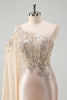 Load image into Gallery viewer, Sparkly Champagne Mermaid One Shoulder Sequin Long Prom Dress with Slit