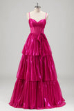Sparkly A Line Fuchsia Corset Tiered Spaghetti Straps Metallic Prom Dress