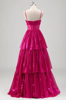 Sparkly A Line Fuchsia Corset Tiered Spaghetti Straps Metallic Prom Dress