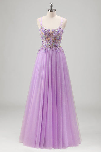 Glitter Beaded Lilac Floral Appliques Corset Prom Dress