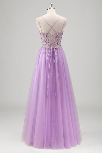 Glitter Beaded Lilac Floral Appliques Corset Prom Dress