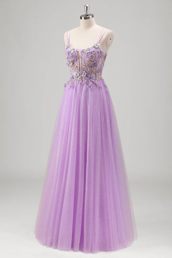 Glitter Beaded Lilac Floral Appliques Corset Prom Dress