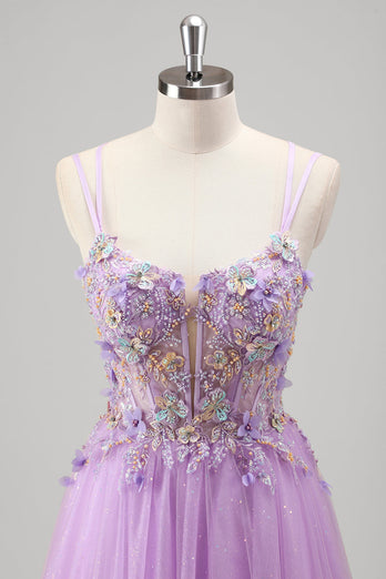 Glitter Beaded Lilac Floral Appliques Corset Prom Dress