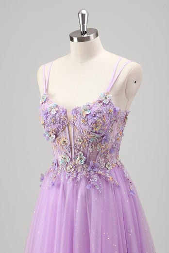 Glitter Beaded Lilac Floral Appliques Corset Prom Dress