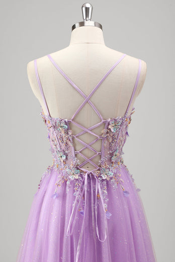 Glitter Beaded Lilac Floral Appliques Corset Prom Dress