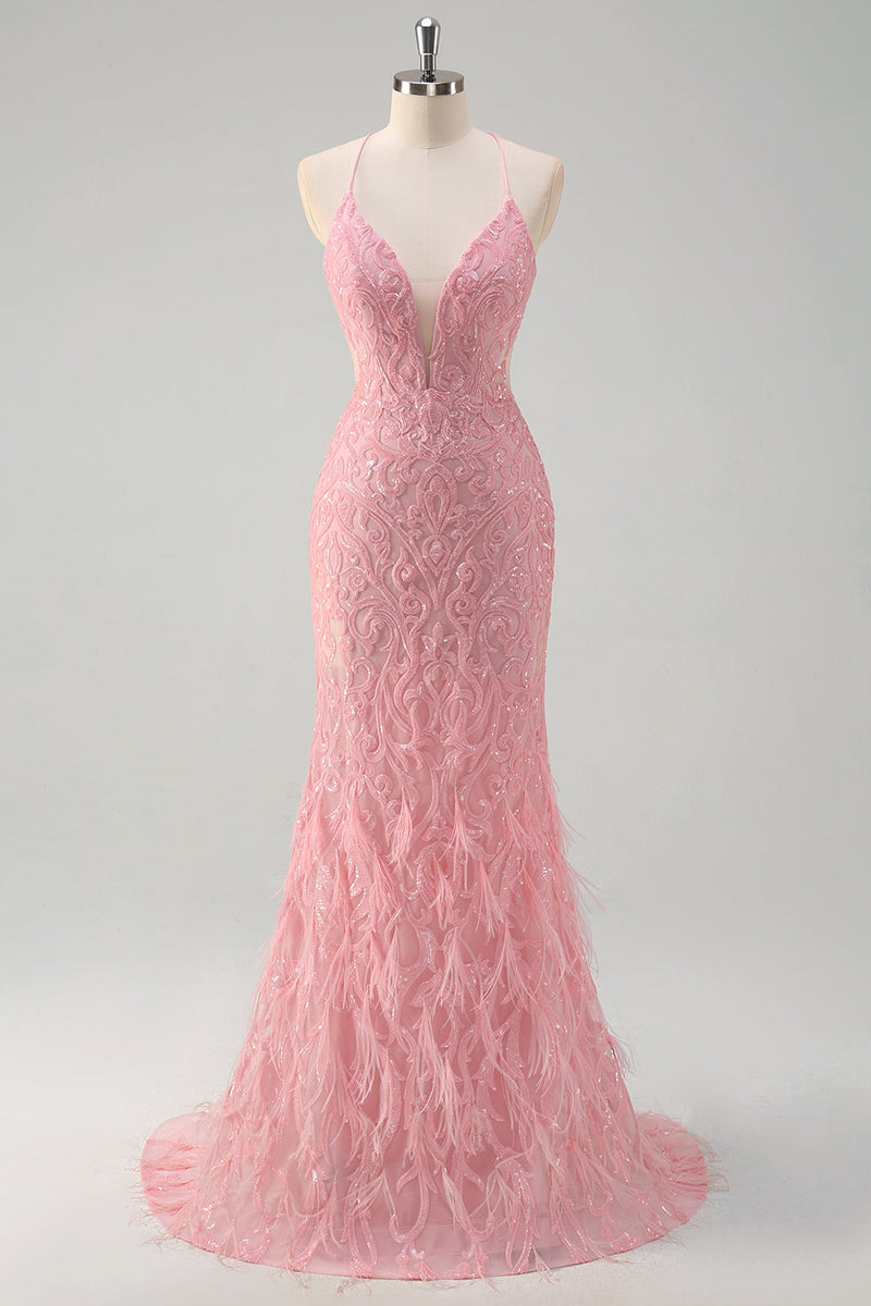 Load image into Gallery viewer, Sparkly Pink Mermaid Spaghetti Straps Sequin Long Prom Dress with Feathers