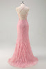 Load image into Gallery viewer, Sparkly Pink Mermaid Spaghetti Straps Sequin Long Prom Dress with Feathers