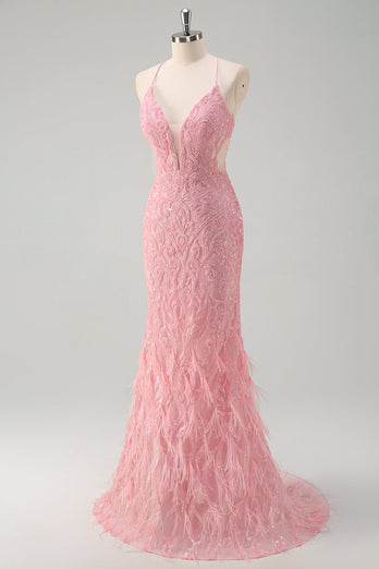 Sparkly Pink Mermaid Spaghetti Straps Sequin Long Prom Dress with Feathers