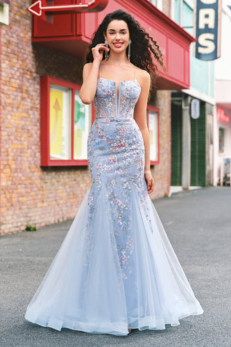 Light Blue Floral Beaded Mermaid Spaghetti Straps Tulle Prom Dress