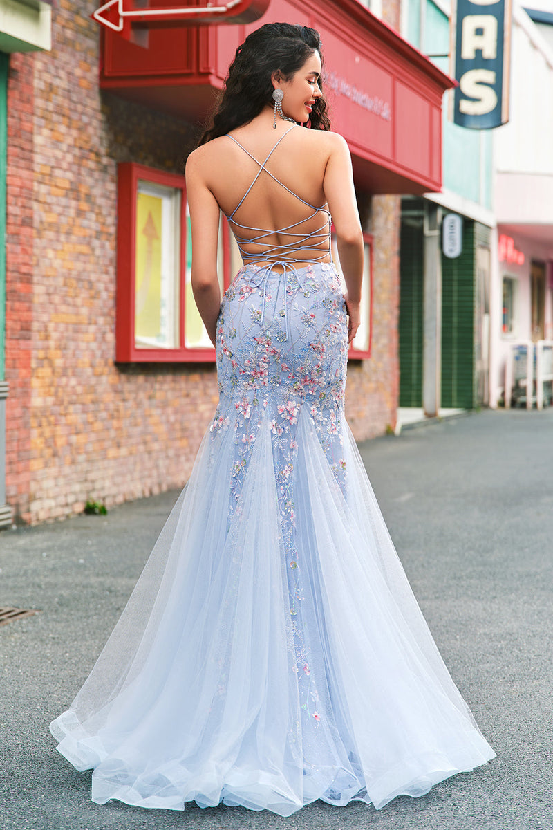 Load image into Gallery viewer, Light Blue Floral Beaded Mermaid Spaghetti Straps Tulle Prom Dress