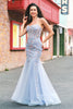 Load image into Gallery viewer, Light Blue Floral Beaded Mermaid Spaghetti Straps Tulle Prom Dress