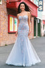 Load image into Gallery viewer, Light Blue Floral Beaded Mermaid Spaghetti Straps Tulle Prom Dress