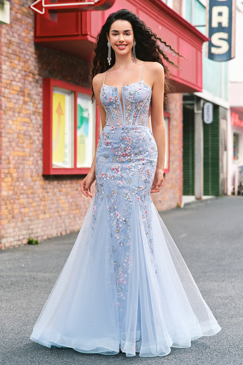 Load image into Gallery viewer, Light Blue Floral Beaded Mermaid Spaghetti Straps Tulle Prom Dress