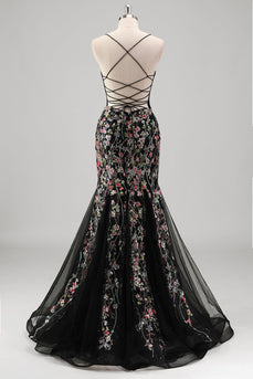 Black Floral Beaded Mermaid Spaghetti Straps Tulle Prom Dress