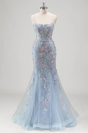 Light Blue Floral Beaded Mermaid Spaghetti Straps Tulle Prom Dress