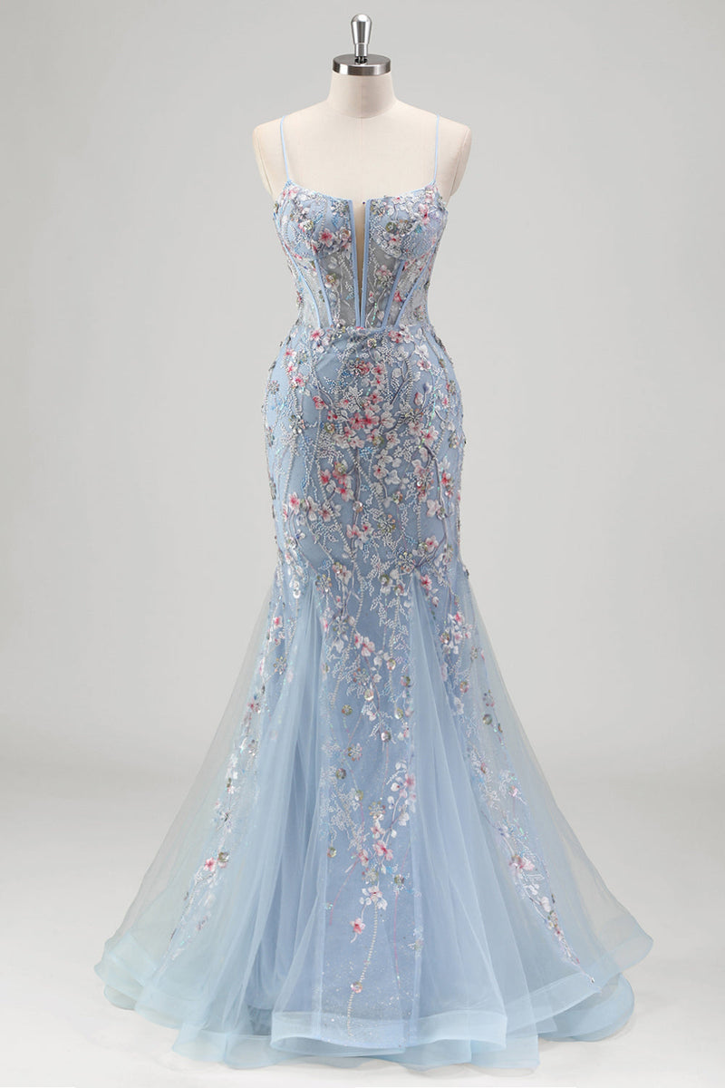 Load image into Gallery viewer, Light Blue Floral Beaded Mermaid Spaghetti Straps Tulle Prom Dress