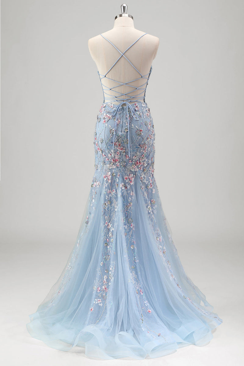 Load image into Gallery viewer, Light Blue Floral Beaded Mermaid Spaghetti Straps Tulle Prom Dress