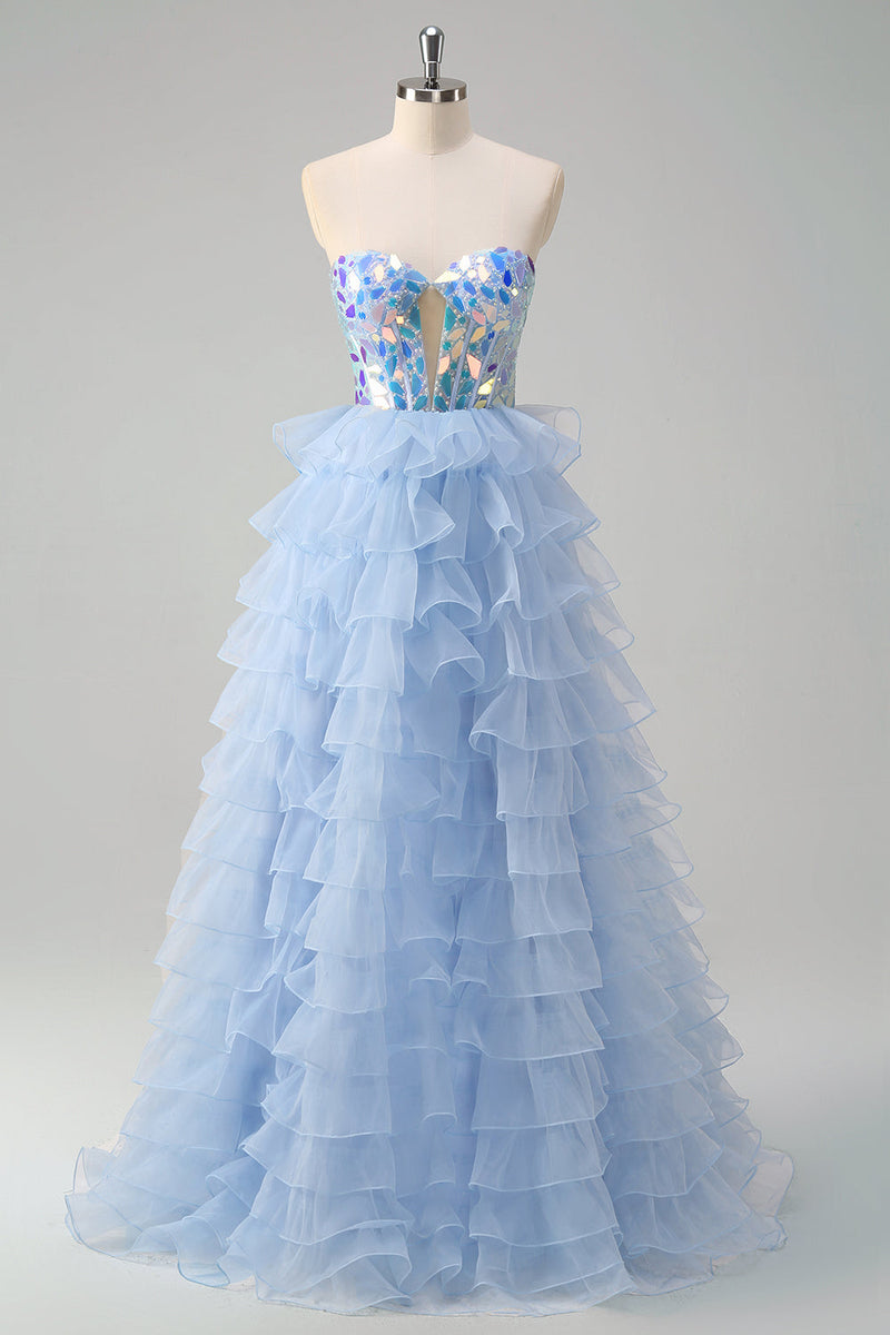 Load image into Gallery viewer, Blue A-Line Sweetheart Keyhole Corset Tiered Mirrors Ruffle Long Prom Dress