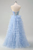 Load image into Gallery viewer, Blue A-Line Sweetheart Keyhole Corset Tiered Mirrors Ruffle Long Prom Dress