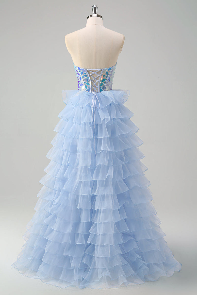 Load image into Gallery viewer, Blue A-Line Sweetheart Keyhole Corset Tiered Mirrors Ruffle Long Prom Dress