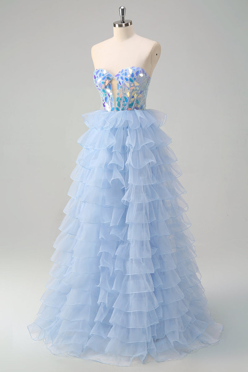 Load image into Gallery viewer, Blue A-Line Sweetheart Keyhole Corset Tiered Mirrors Ruffle Long Prom Dress