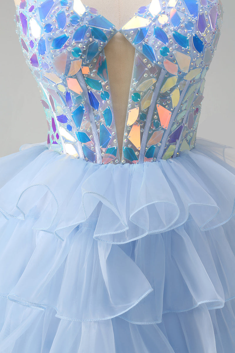 Load image into Gallery viewer, Blue A-Line Sweetheart Keyhole Corset Tiered Mirrors Ruffle Long Prom Dress