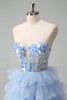 Load image into Gallery viewer, Blue A-Line Sweetheart Keyhole Corset Tiered Mirrors Ruffle Long Prom Dress