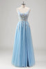 Load image into Gallery viewer, Light Blue A Line Spaghetti Straps Corset Floral Appliqued Prom Dress with Slit