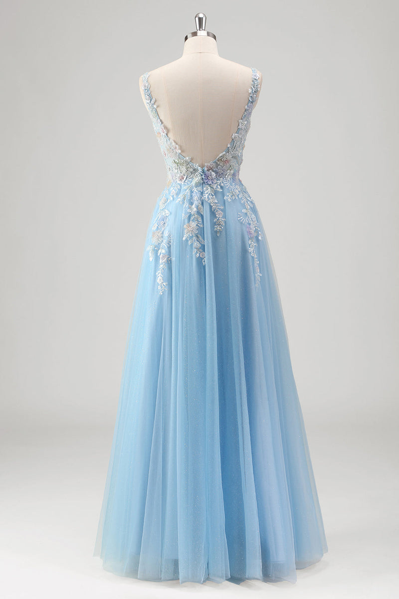 Load image into Gallery viewer, Light Blue A Line Spaghetti Straps Corset Floral Appliqued Prom Dress with Slit