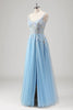 Load image into Gallery viewer, Light Blue A Line Spaghetti Straps Corset Floral Appliqued Prom Dress with Slit