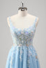 Load image into Gallery viewer, Light Blue A Line Spaghetti Straps Corset Floral Appliqued Prom Dress with Slit