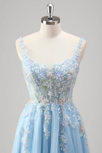 Light Blue A Line Spaghetti Straps Corset Floral Appliqued Prom Dress with Slit