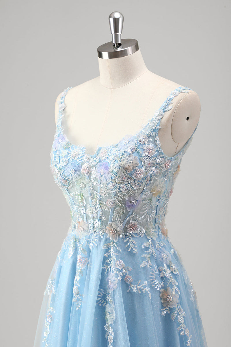 Load image into Gallery viewer, Light Blue A Line Spaghetti Straps Corset Floral Appliqued Prom Dress with Slit