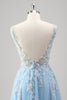 Load image into Gallery viewer, Light Blue A Line Spaghetti Straps Corset Floral Appliqued Prom Dress with Slit