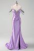 Load image into Gallery viewer, Sparkly Lilac Mermaid Cold Shoulder Tassels Satin Beaded Long Prom Dress with Slit