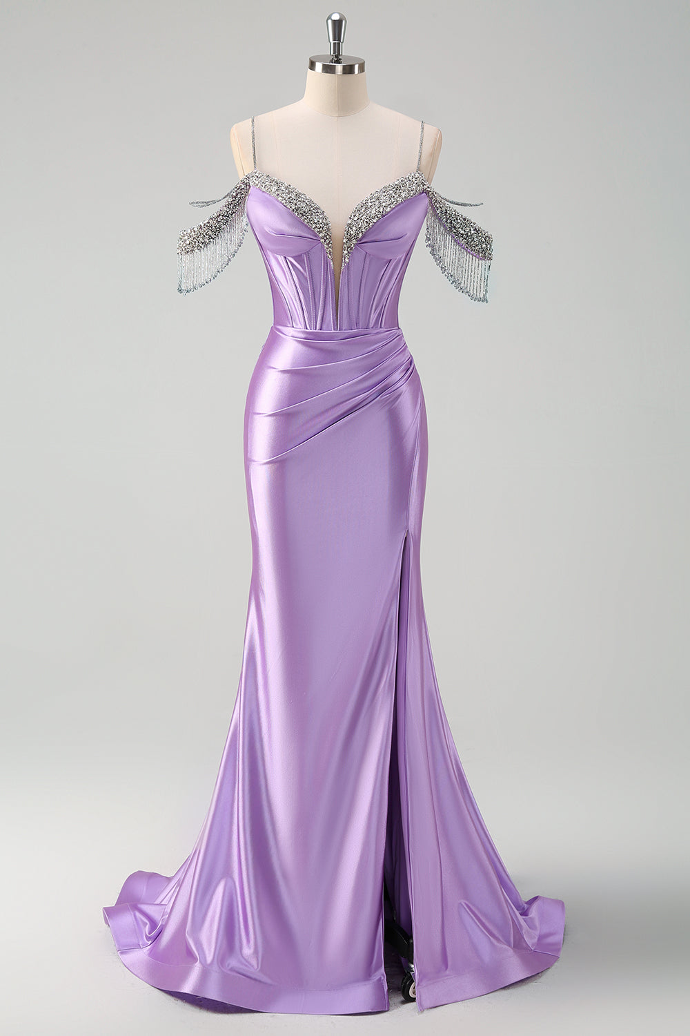 Sparkly Lilac Mermaid Cold Shoulder Tassels Satin Beaded Long Prom Dress with Slit