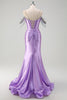 Load image into Gallery viewer, Sparkly Lilac Mermaid Cold Shoulder Tassels Satin Beaded Long Prom Dress with Slit