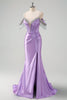 Load image into Gallery viewer, Sparkly Lilac Mermaid Cold Shoulder Tassels Satin Beaded Long Prom Dress with Slit