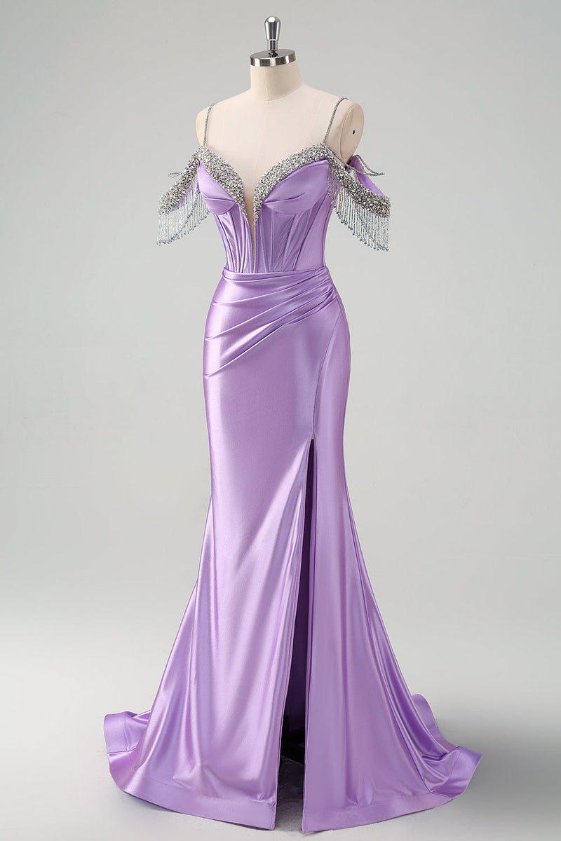 Load image into Gallery viewer, Sparkly Lilac Mermaid Cold Shoulder Tassels Satin Beaded Long Prom Dress with Slit